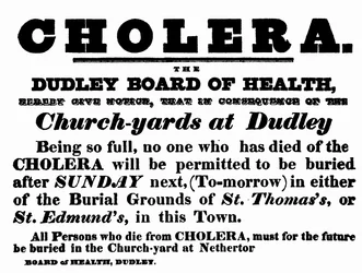 Plakat des Gesundheitsamtes von Dudley, das das Begräbnisverfahren für Menschen ankündigt, die an Cholera gestorben sind, ca. 1840er Jahre