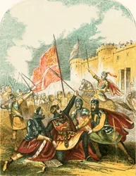 Edward I schwingt den Speer und schwört, den Mann zu hängen, der ihn geworfen hat