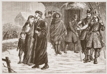 Vertreibung eines ungarischen protestantischen Pastors im Winter, Illustration aus The History of Protestantism von James Aitken Wylie, veröffentlicht 1878