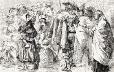 Englische Protestanten werden von irischen Katholiken während der irischen Rebellion von 1641 ertränkt, um 1865