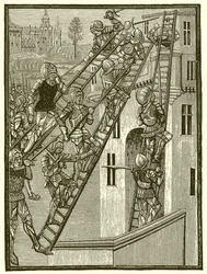 Englische Soldaten erklimmen eine Festung in Gascogne, Temp. Edward III
