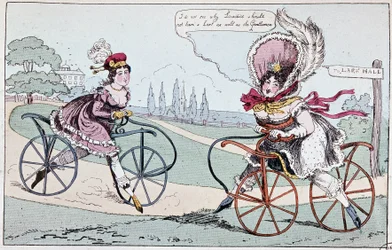 Englische Karikatur über Steckenpferde im Jahr 1819 (erste Fahrräder) - in „Le cycling théorique et pratique“ von Baudry de Saulnier