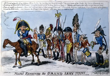 Englische Karikatur, die Joachim Murat (1767 - 1815), Marschall des Reiches, an der Spitze der Großen Armee darstellt. Januar 1813