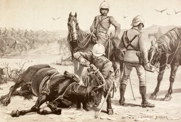 Englische Kavallerie tränkt ihre Pferde während des Mahdi-Aufstands, Sudan in den 1880er Jahren (Lithografie)
