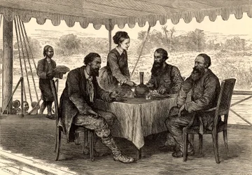 Englische Entdecker John Hanning Speke und James Augustus Grant in Gondokoro, Südsudan, am Ende ihrer Expedition, wo sie von Samuel und Florence Baker getroffen wurden (Gravur)