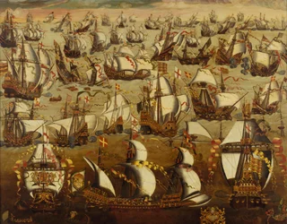 Englische Schiffe und die spanische Armada, August 1588