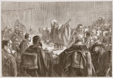 Episcopius spricht die Mitglieder der Synode von Dordrecht an, Illustration aus The History of Protestantism von James Aitken Wylie, veröffentlicht 1878