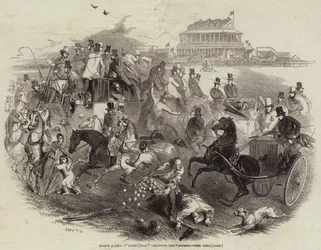 Epsom-Rennen, "Derby Day", verlassen die Rennbahn (Stich)