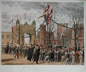 Eton School und der Bogen der Jungen. Besuch von H.R.H. Prinzessin Alexandra von Dänemark, 9. März 1863 (farbiger Stich)