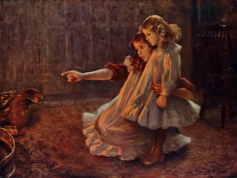 Gesichter in den Flammen: Frau und Kind schauen ins Feuer