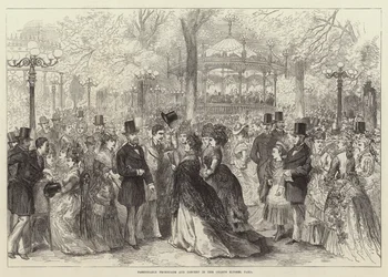 Modische Promenade und Konzert in den Champs Elysees, Paris (Gravur)