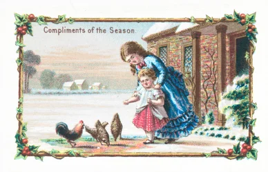 Hühner füttern, Weihnachtskarte