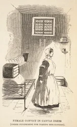 Weibliche Sträflinge in Leinwandkleidern (zur Strafe für das Zerreißen ihrer Kleidung), Illustration aus The Criminal Prisons of London and Scenes from Prison Life von Henry Mayhew und John Binny, veröffentlicht 1862