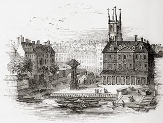 Fleet Ditch, London, England im Jahr 1749 an der Stelle, wo es in die Themse bei Bridewell mündete, aus Old England: A Pictorial Museum, veröffentlicht 1847