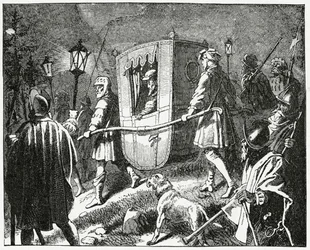 Flucht des Kaisers Karl V. im Jahr 1552 vor den protestantischen lutherischen Truppen unter der Führung des Kurfürsten Moritz von Sachsen, 1882