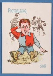 Fußballspielender Sohn, aus dem Happy Families-Kartenspiel, ca. 1890-1900