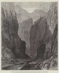 Fort von Ali Musjid, Khyber-Pass, wo die britische Mission nach Kabul zurückgewiesen wurde (Stich)