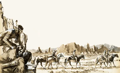 Vier Männer auf dem Weg zum Funeral Mountain und Death Valley dahinter