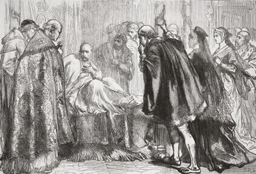 Franz I. auf seinem Sterbebett, Illustration aus Die Geschichte des Protestantismus von James Aitken Wylie, veröffentlicht 1878