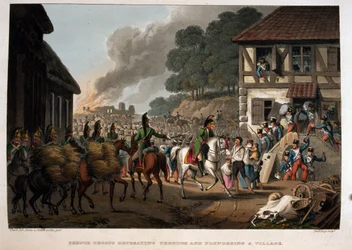 Französische Truppen ziehen sich durch und plündern ein Dorf (Aquatinta)