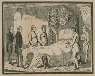 Freunde umgeben das Bett eines sterbenden Mannes