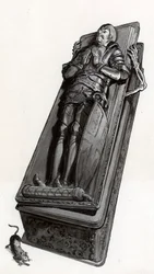 Grabdenkmal mit herauskommendem Skelett