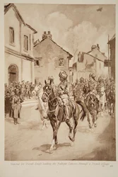 General Sir Pertab Singh führt die Jodhpur Lancers durch ein französisches Dorf, 1914-19
