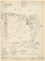 Allgemeiner Grundriss des gotischen Herrenhauses und der angrenzenden Grundstücke in Strawberry Hill, Twickenham, London