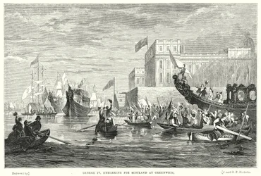 George IV geht in Greenwich an Bord nach Schottland (Gravur)