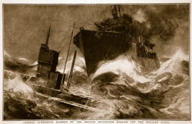 Deutsches U-Boot von britischem Zerstörer Badger vor der belgischen Küste gerammt, 1914-19