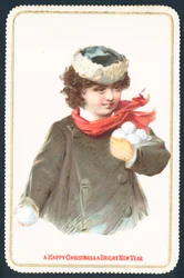 Mädchen sammelt Schneebälle, Weihnachtskarte
