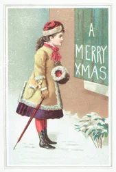 Mädchen liest Weihnachtsschild, Weihnachtskarte