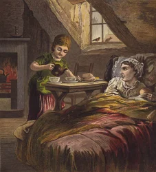 Mädchen serviert Tee ihrer kranken Mutter, im Bett mit einem Baby (Farblithographie)