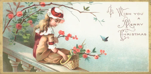 Mädchen sitzt auf Brücke, Weihnachtskarte
