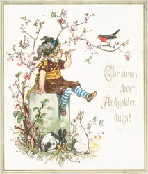 Mädchen mit Kaninchen, pfeift auf Rotkehlchen, Weihnachtskarte