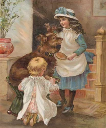 Mädchen pflegen ihren Hund