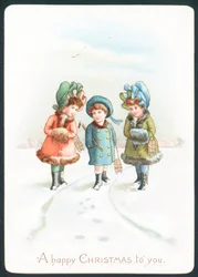 Mädchen gehen im Schnee, Weihnachtskarte