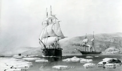 HMS Assistance und Pioneer brechen 1854 aus den Winterquartieren aus (Lithographie)