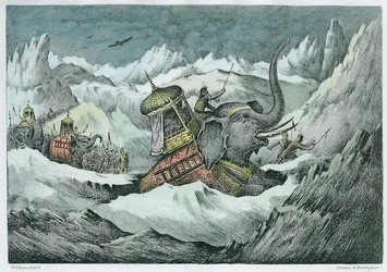 Hannibal (247-ca.183 v. Chr.) und seine Kriegselefanten überqueren die Alpen (spätere Kolorierung)