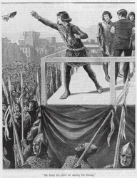 "Er warf seinen Handschuh weit in die Menge" (Gravur)