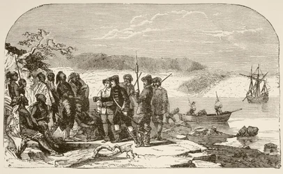 Henry Hudson bietet den Indianern 1609 Alkohol an