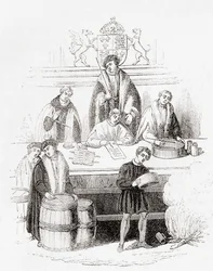 Heinrich VII. prüft Gewichte und Maße im Schatzamt im Jahr 1497, aus Old England: A Pictorial Museum, veröffentlicht 1847