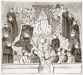 Heinrich V. und sein Parlament (aus den Harleian Manuskripten im British Museum), Illustration aus Die Geschichte des Protestantismus von James Aitken Wylie, veröffentlicht 1878