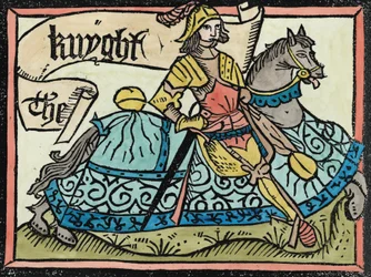 Hier beginnt die Geschichte des Ritters, Illustration aus den Canterbury Tales von Geoffrey Chaucer, gedruckt von William Caxton (spätere Kolorierung)