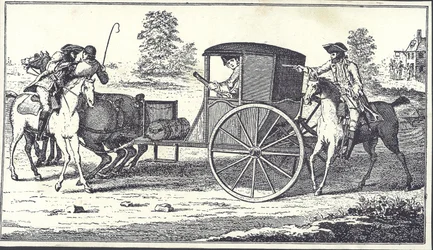 Straßenräuber James MacLaine und William Plunkett berauben den Earl of Eglinton auf Hounslow Heath, 26. Juni 1750 (Stich)