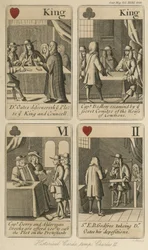 Historische Spielkarten, die die Geschichte von König Karl II. erzählen