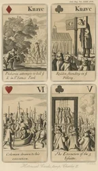 Historische Spielkarten, die die Geschichte von König Karl II. erzählen