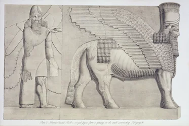 Menschlicher Stierkopf und geflügelte Figur von einem Tor an der Mauer um Koujunjik, Tafel 3 aus Ninive und seine Überreste von Austen Henry Layard (1817-94) veröffentlicht 1849