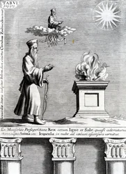 Illustration von Zoroaster, der Feuer und die Sonne anbetet, 1697