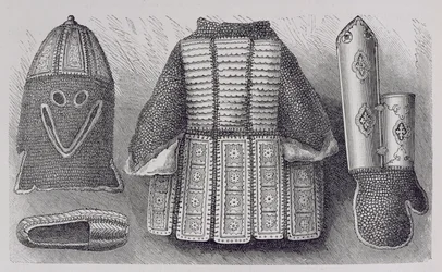 Indische Rüstung bestehend aus Helm, Tunika, Handschuhen und Schuhen aus Bhuj, aus Die Geschichte der Menschheit, Bd.III, von Prof. Friedrich Ratzel, 1898